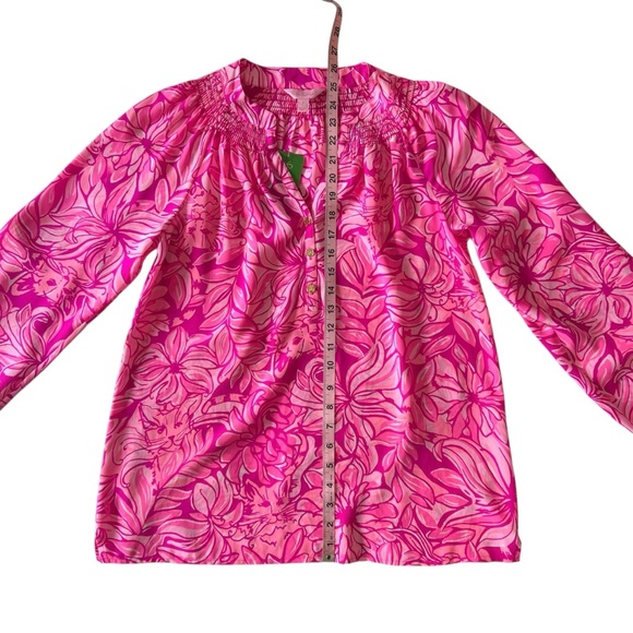 Lilly Pulitzer Elsa Top Pink Pawsitive Cattitude Floral Cats 100% Silk Blouse S - Picture 7 of 11